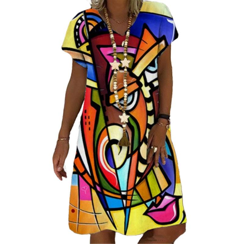 3D Summer Fashion V-neck Women Dress Ladies Short Sleeve Printed Abstract Lines Dress Loose Casual Dress for Women 2022 Summer
