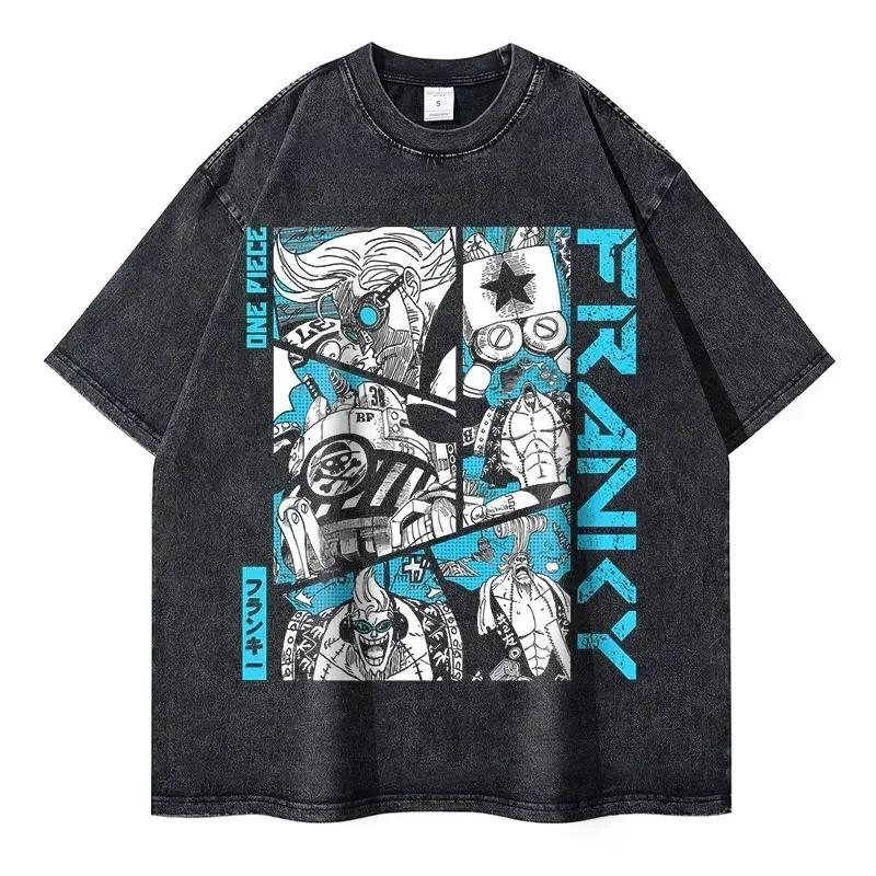 Футболки Roronoa Zoro Винтажная стирка Аниме Футболка One P-Piece Уличная одежда Оверсайз L-Luffy Манга Топы Футболки Хлопок