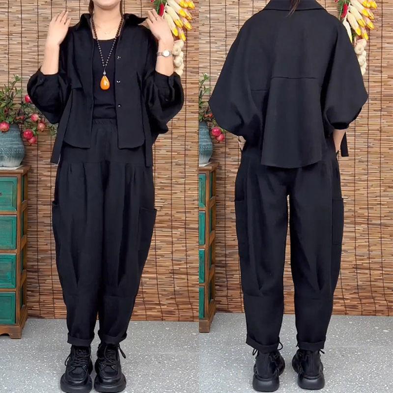 Весна-лето, рабочая одежда с короткими рукавами, двухкомпонентный повседневный свободный крой, большой размер, универсальный модный комплект