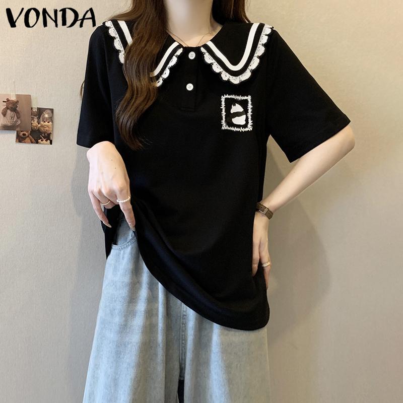VONDA Women Doll Collar Short Sleeve Stitching Print College Style Blouse