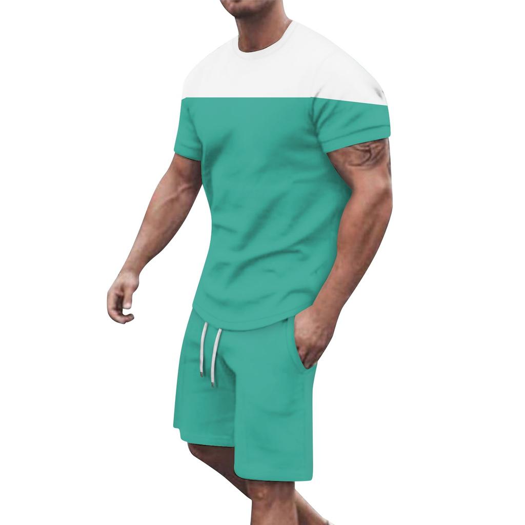 Men's Solid Color Shoulder Short Sleeved Shorts Breathable Men's Casual 2-piece Set