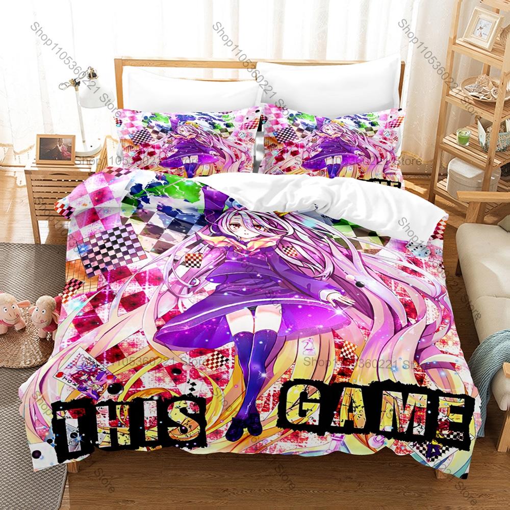 No Game No Life Duvet Cover + 2 Pillowcases, Classic Fantasy Anime Print Bedding Set Soft Fabric Decor Gift for Anime & Game
