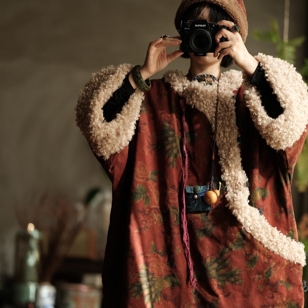 Johnature Женские вельветовые принты с цветочным принтом, зимние пальто, теплые лоскутные женские свободные пуловеры