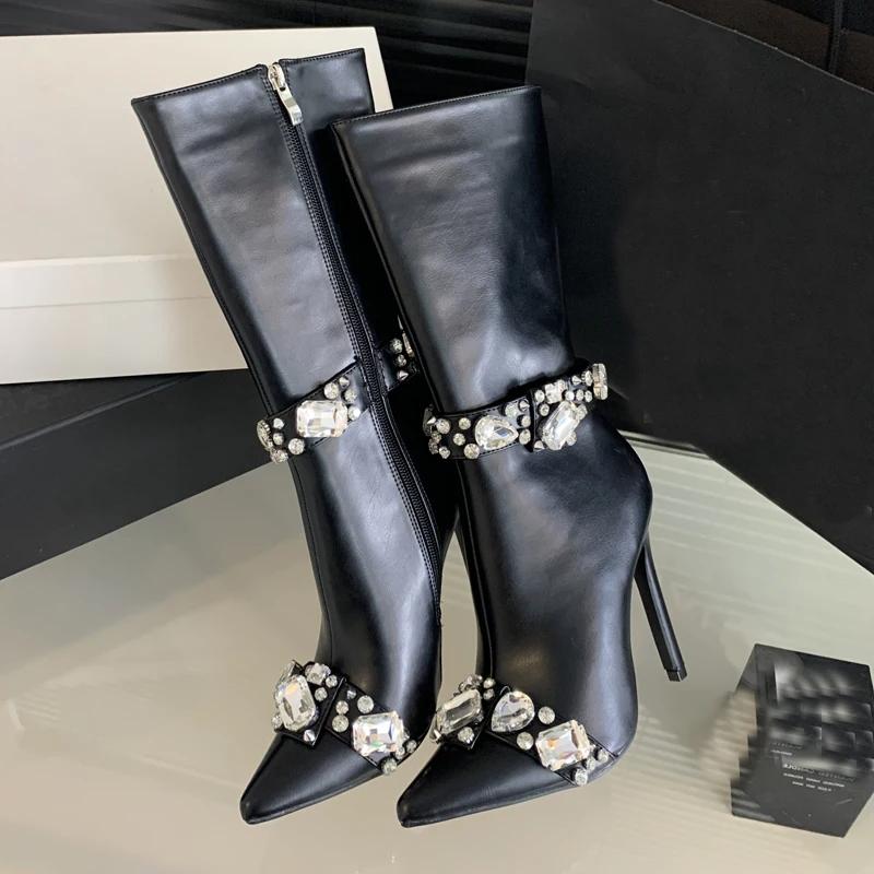 Eilyken Street Style Design CRYSTAL Женские сапоги до колена, сексуальные, с острым носком, на тонком каблуке, на молнии, для стриптиза, зимняя женская обувь