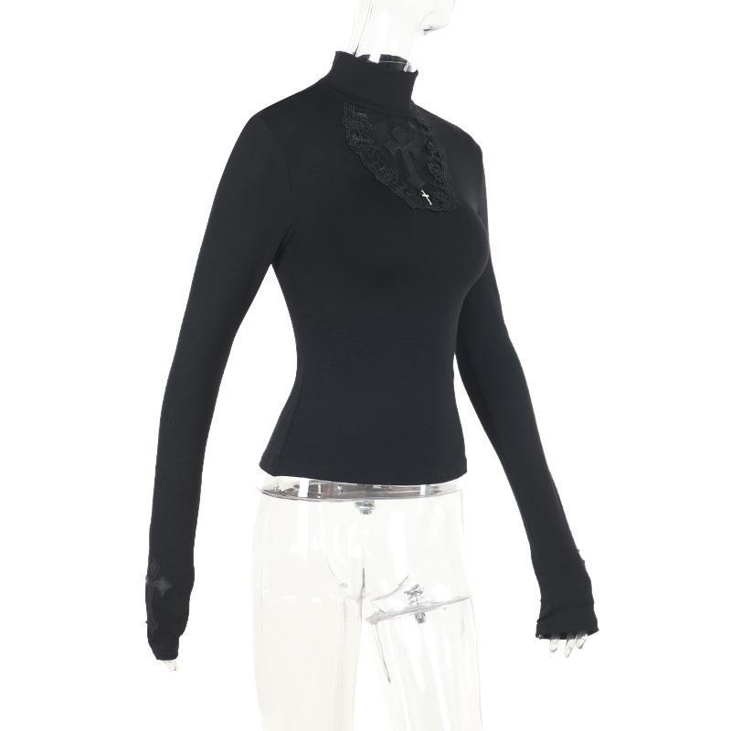 Водолазка Топ Y2k Одежда Черный Готический Крест Полый Утягивающий Низ Футболка для Женщин Длинный Рукав Сексуальная Футболка Топы Для Девочек