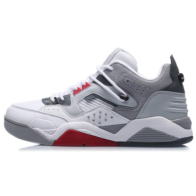 Li Ning Амортизация Скользкая Устойчивость к истиранию Покрытие Поддержка Средняя высота Винтажные Баскетбольные кроссовки Мужские Белый Серый AGBR025-2