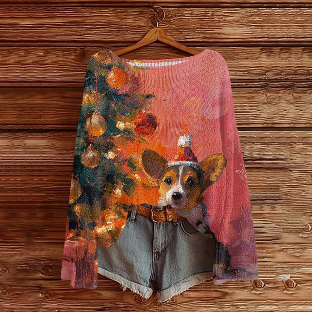 Женский повседневный модный топ с круглым вырезом, рождественским принтом, длинным рукавом, вязаный пуловер