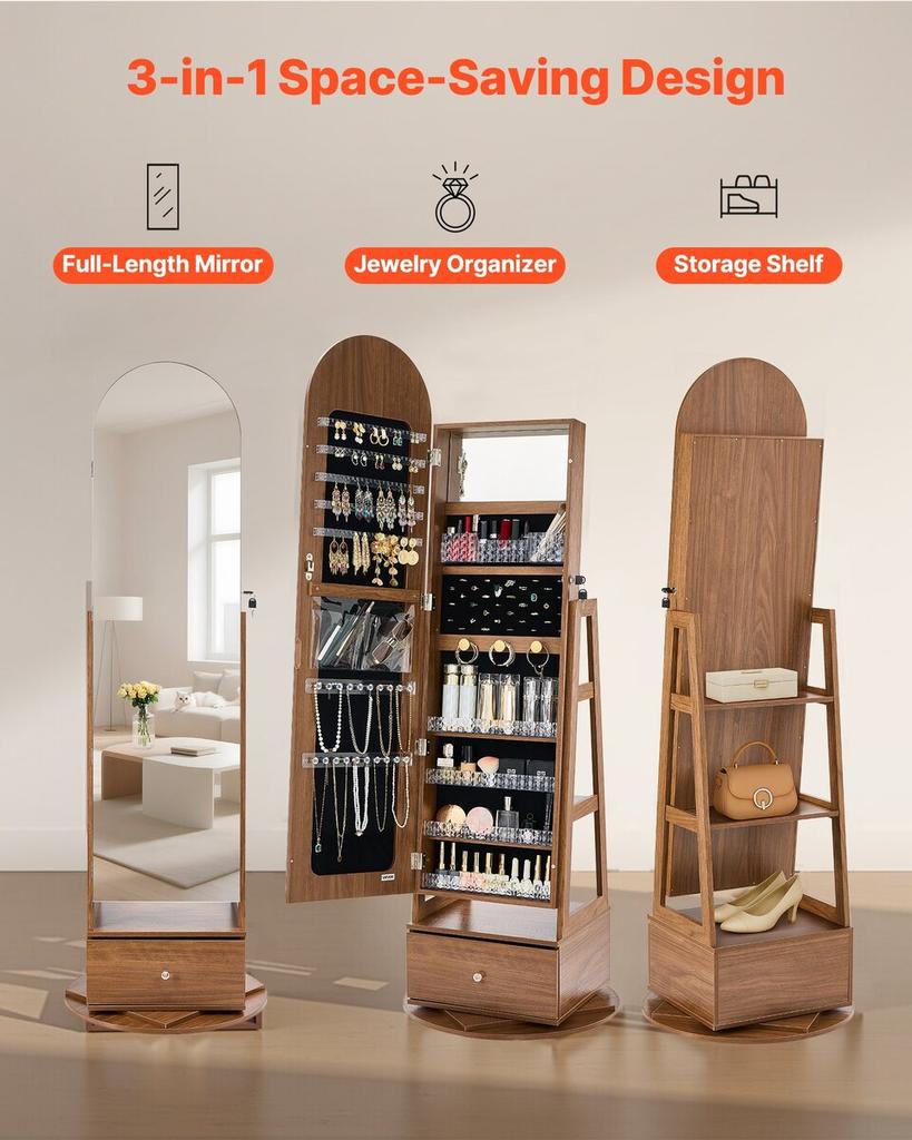 360° Swivel Jewelry Cabinet, 1655 mm Tall, Full-Length Mirror with Storage, Standing Rotatable Jewelry Armoire Organizer, Lockable with 2 Keys,