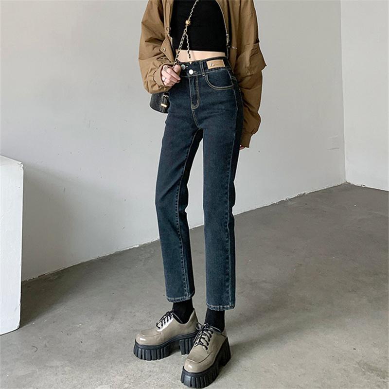 Осень-зима, популярные женские брюки с высокой талией, простые повседневные утолщенные теплые уличные брюки, эластичные прямые брюки, винтажные женские джинсы