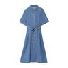 Spring 2025 Retro Lapel Slim-Fit Denim Dress with Belt - European & American Style Women's Short-Sleeve