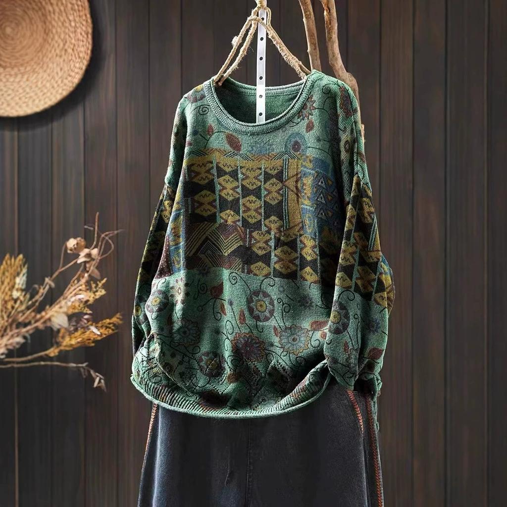 Зимний ретро цветной хлопковый трикотажный свитер женский свободный большой доски личность повседневный пуловер с круглым вырезом