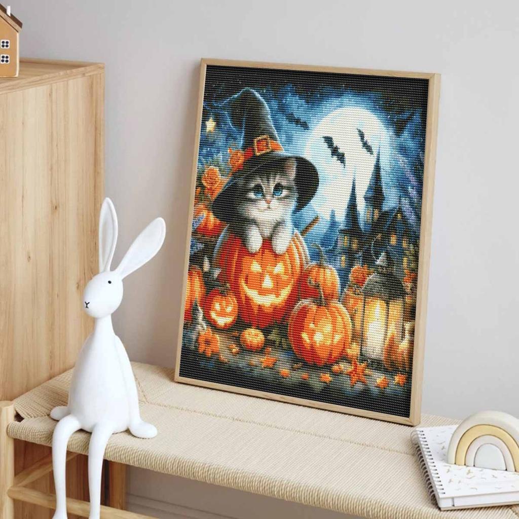 Halloween 5D Diamond Full Diamond Art Painting Kit Cute Cat Pumpkin Moon Home Decor DIY Wall Crafts For Living Room Office Wall Art