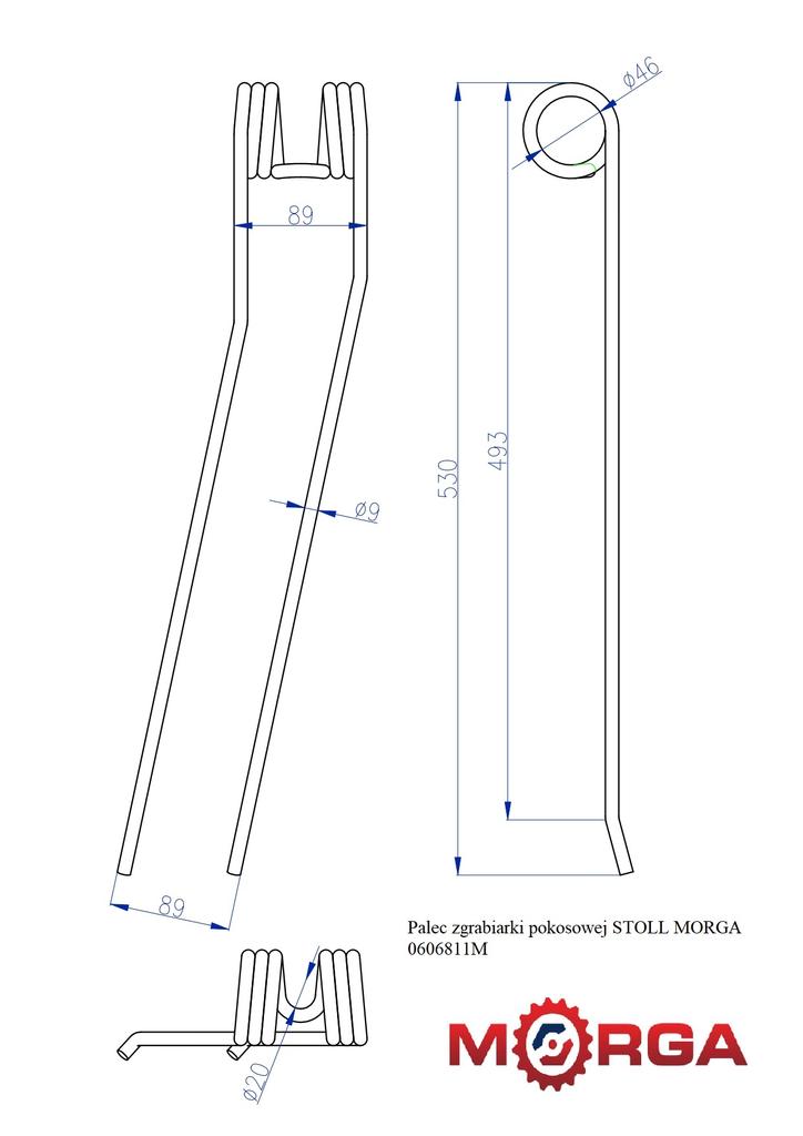 Tine for the STOLL 0606811 FI-9 -530mm powder coated MORGA swath rake
