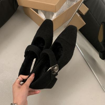 Французские туфли Мэри Джейн на высоком каблуке, пушистые женские туфли, носить 2025, новинка, осень и зима, бархатные черные вечерние туфли