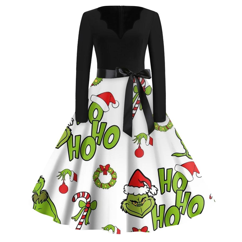 Women's Fashion V-neck Casual Slim-fit Christmas Print Long-sleeved Dress