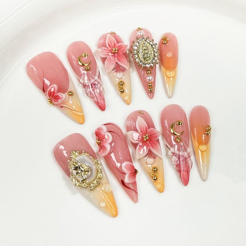 3D Floral Embossed French Tip Press-On Nails Long Pointed Style Sweet Chic Gel-Like Acrylic Nail Tips Women