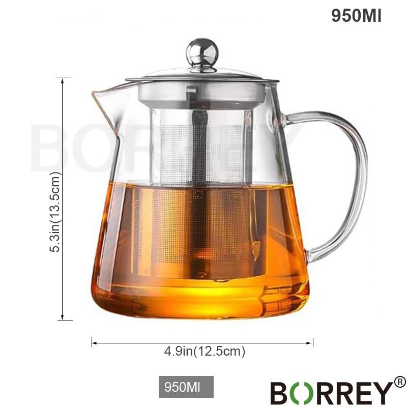 BORREY Чайник для заварки чая Термостойкий стеклянный чайник с фильтром Цветочный чайник Улун Пуэр Чайник Стеклянный кофейный чайник 1300 мл