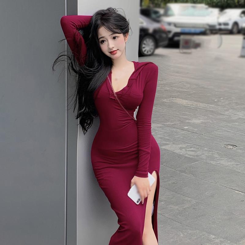 Женское платье с втягиванием талии и длинными рукавами Deek V-образным вырезом