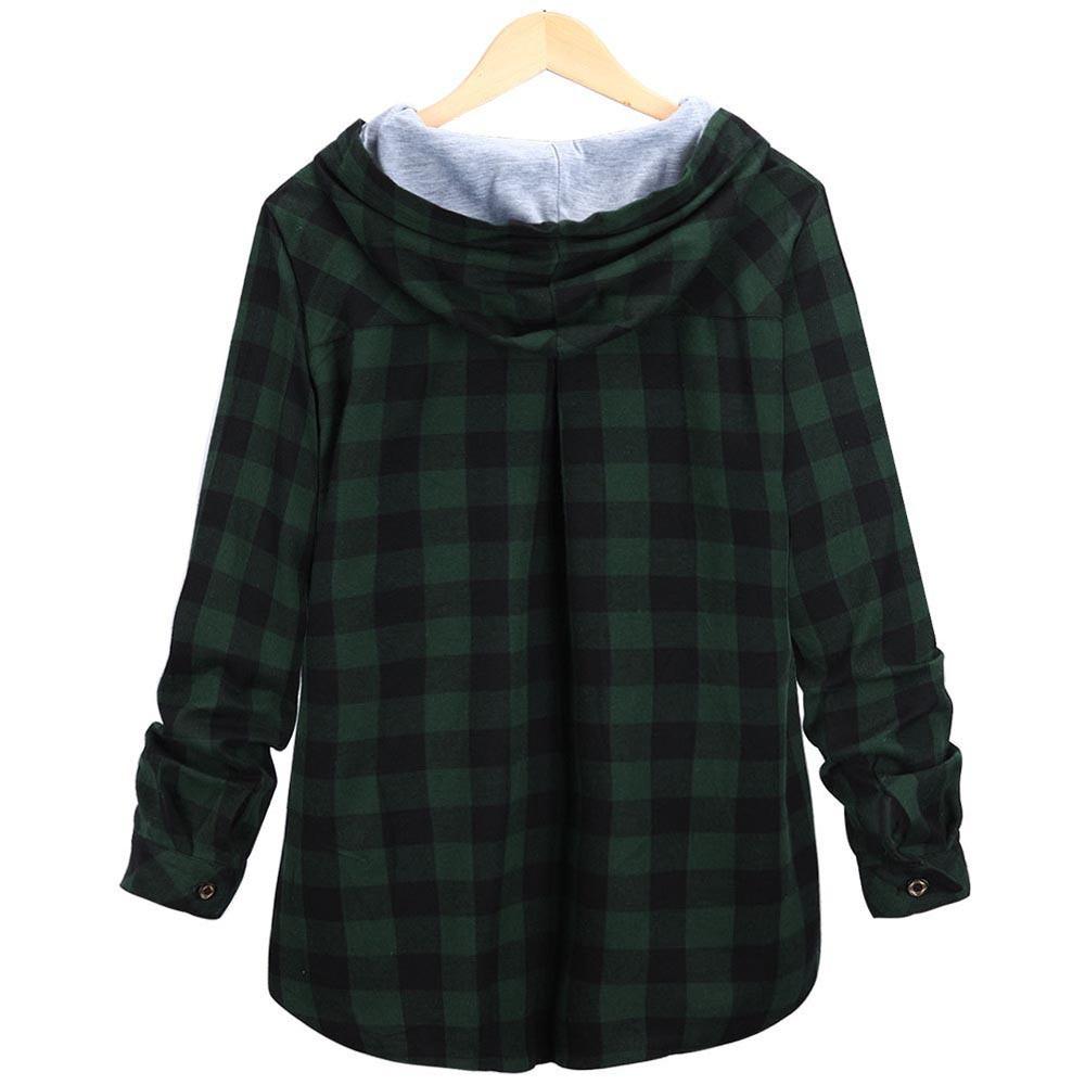 Women's Plaid Hooded CardiganLong Sleeve Jacket Blouse