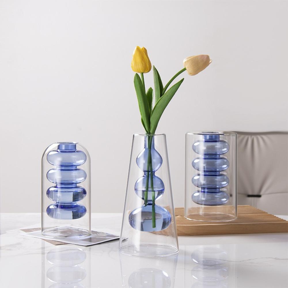 Creative Nordic Colorful Double-layer Glass Vase Transparent Hydroponic Dried Flower Vase Simple Restaurant Desktop Decor