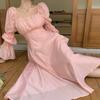 Spring Sweet Back Puff Sleeve Midi Dress Women Autumn Pink Bandage Dress Elegant Chiffon Long Dresses Female