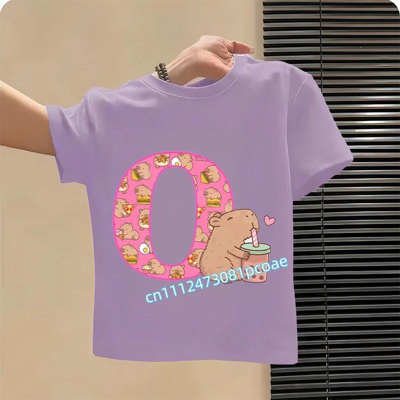 New Capibara Cute T-shirt Kids Anime Capybara Letter A-Z Tees Girls in Summer Short Sleeve Tops Children's Clothing Short Sleeve