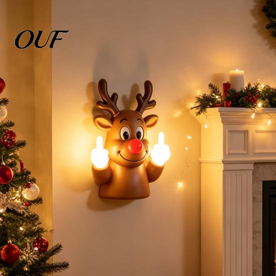 Humor Inspired Party Lighting Christmas Middle Finger Light, Naughty Santa Claus Reindeer Giving Lamp with LED Humorous Decor Warm Glow, Wall