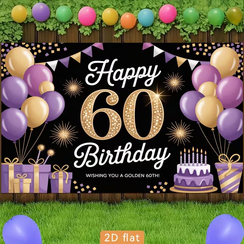 2D Golden 60th Birthday Background Cloth, Black Purple Party Photo Booth Backdrop