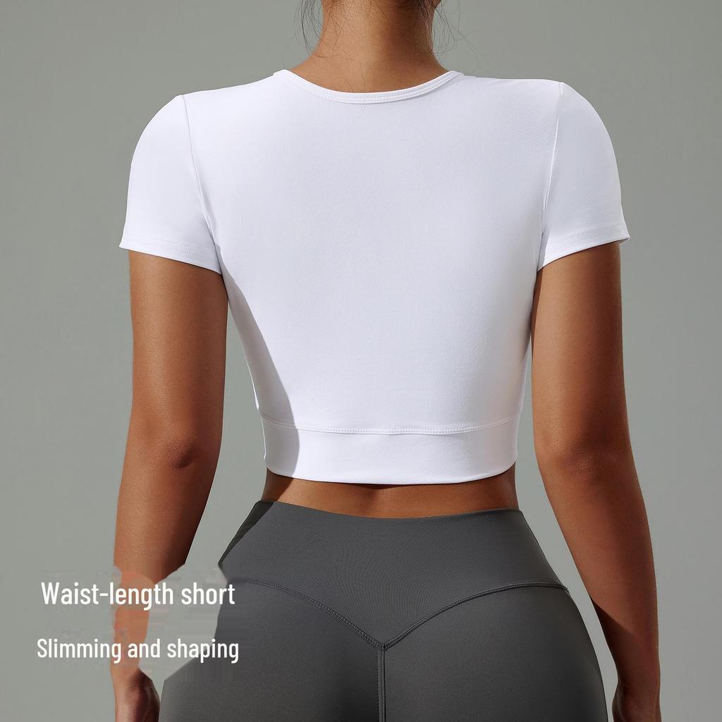 Женский летний укороченный топ для йоги — сексуальный, высокоэластичный, дышащий, с круглым вырезом и коротким рукавом, футболка для фитнеса