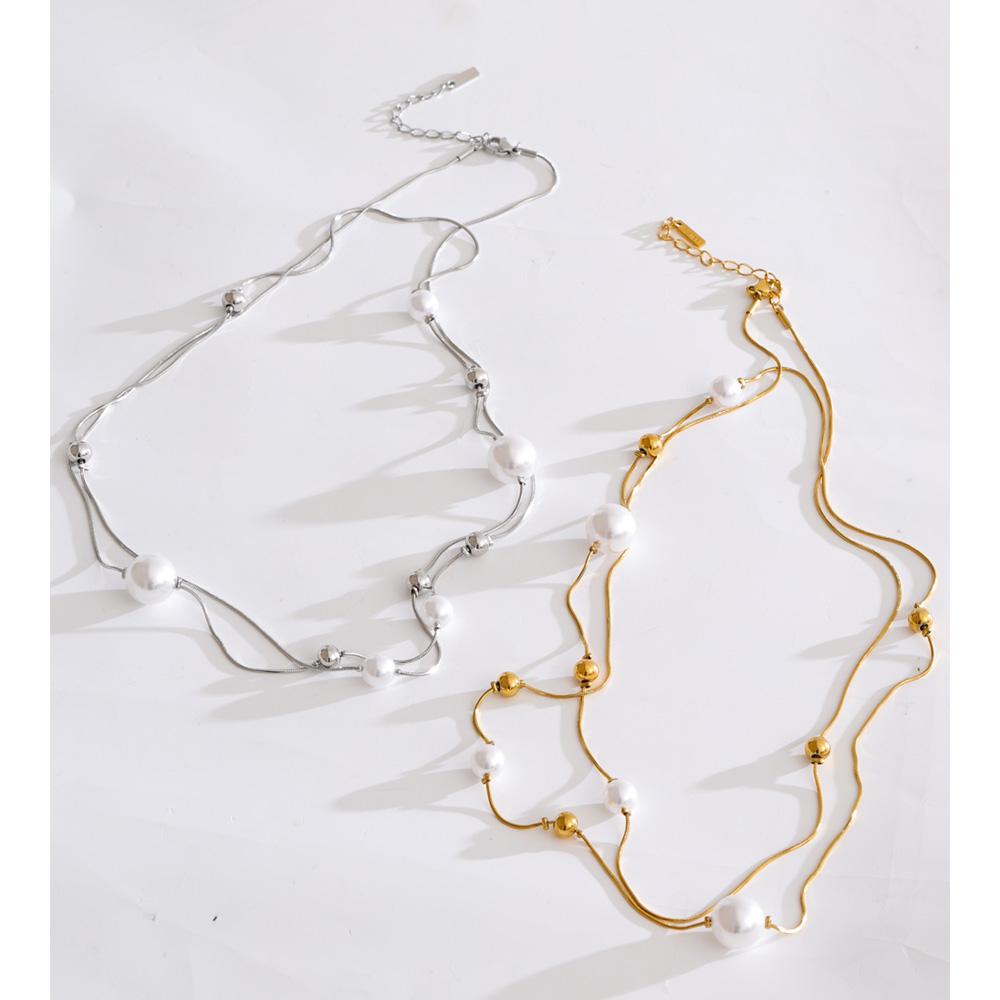 Yhpup 92+5cm Double-Layer Chain Overlay Necklace Stainless Steel 4-Season Jewelry Sweater Chain Accessories Simulated Pearls