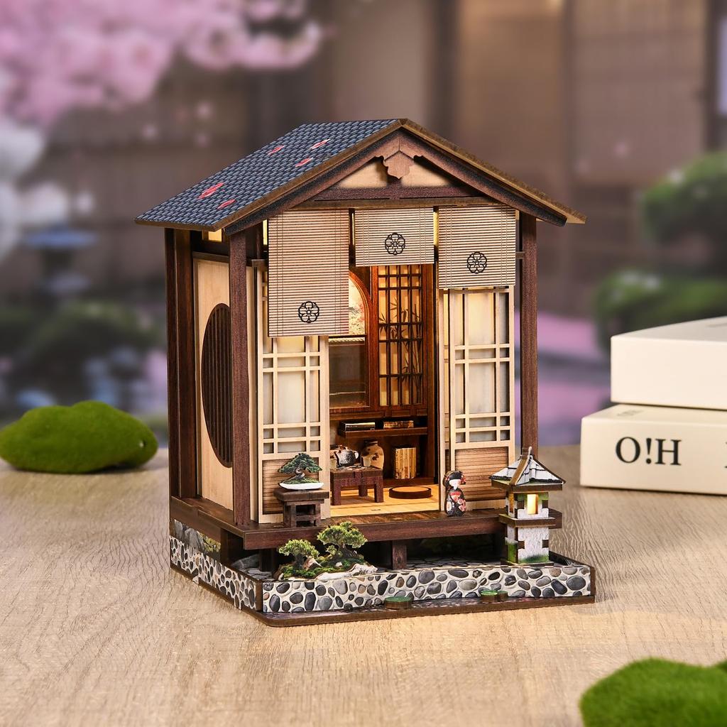 QmXCyzl Wooden DIY Dollhouse Kit, Miniature 3D Bookstand, Holiday Gift, Architectural Scenario Openable Design, Japanese Style (Planet and Garden)