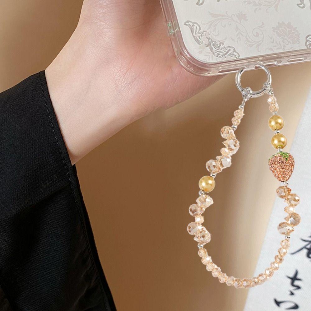 Short Bling Strawberry Phone Chain With Clip Pearl Mobile Phone Lanyard Car Key Accessories
