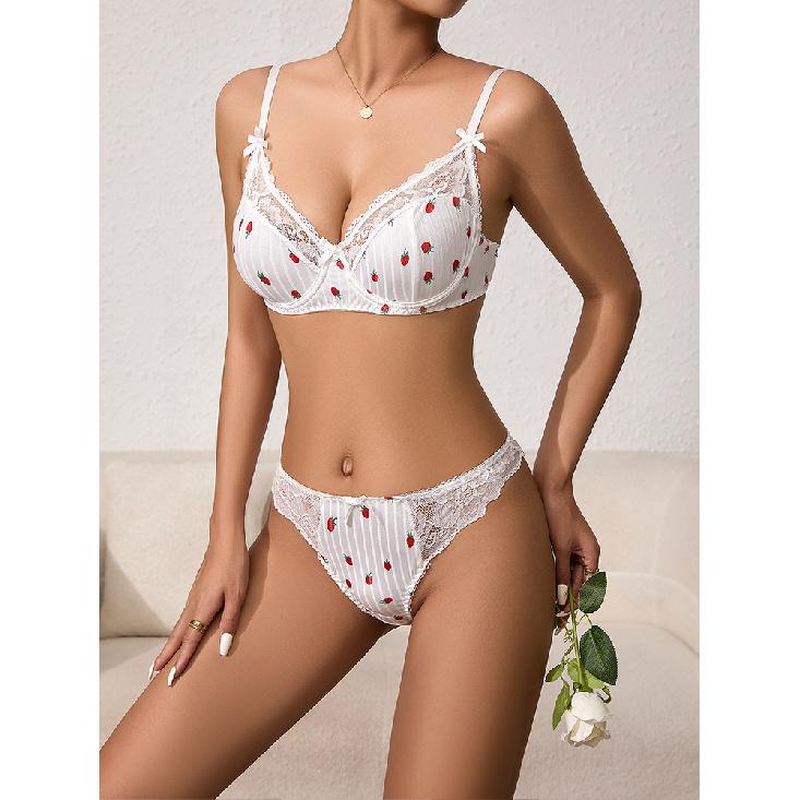 Women Sexy Strawberry Print Lace Lingerie Set Sweet Bow Underwire Bra Valentine Gift Bridal Boudoir Shooting Intimate Sleepwear