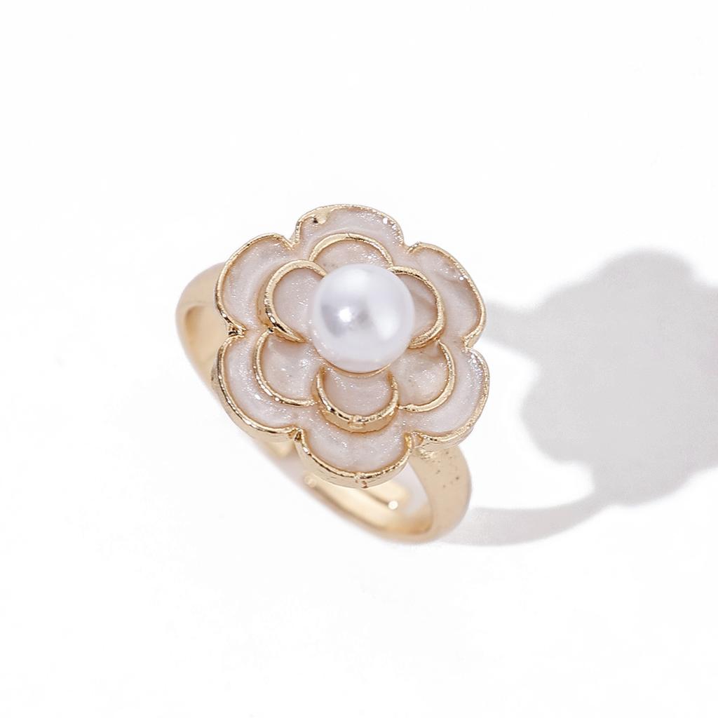 INS Style Oil Dropped Flower Rings, Fashion Versatile Minimalist Pearl Open Adjustable Hand Jewelry