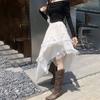 Women's White Lace-Trimmed Asymmetrical Tiered Maxi Skirt - Elastic Waist High-Waist Fall Dress with Ruffled Details