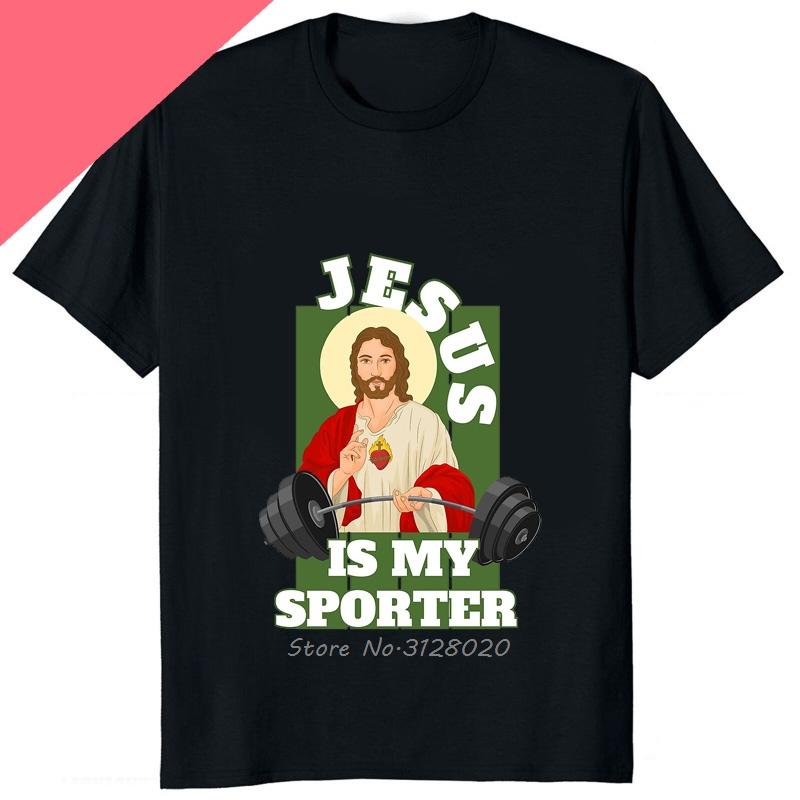 Funny Jesus Is My Spotter Printed Graphic Cotton Men Tshirt Humor Weight Lifting GYM TShirt Casual Fashion Streetwear Male Tees