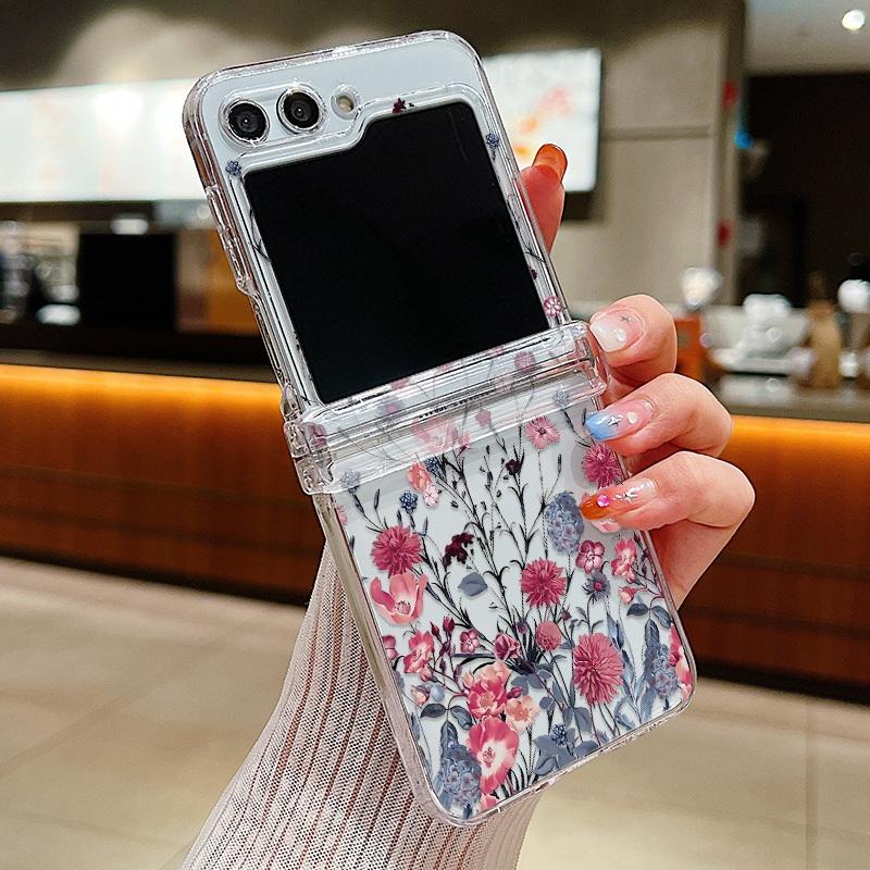 Floral Flowers Case For Samsung Galaxy Z Flip 6 5 4 3 5G Shockproof Hard PC Folding Clear Phone Cover Coque For Samsung Z Flip6