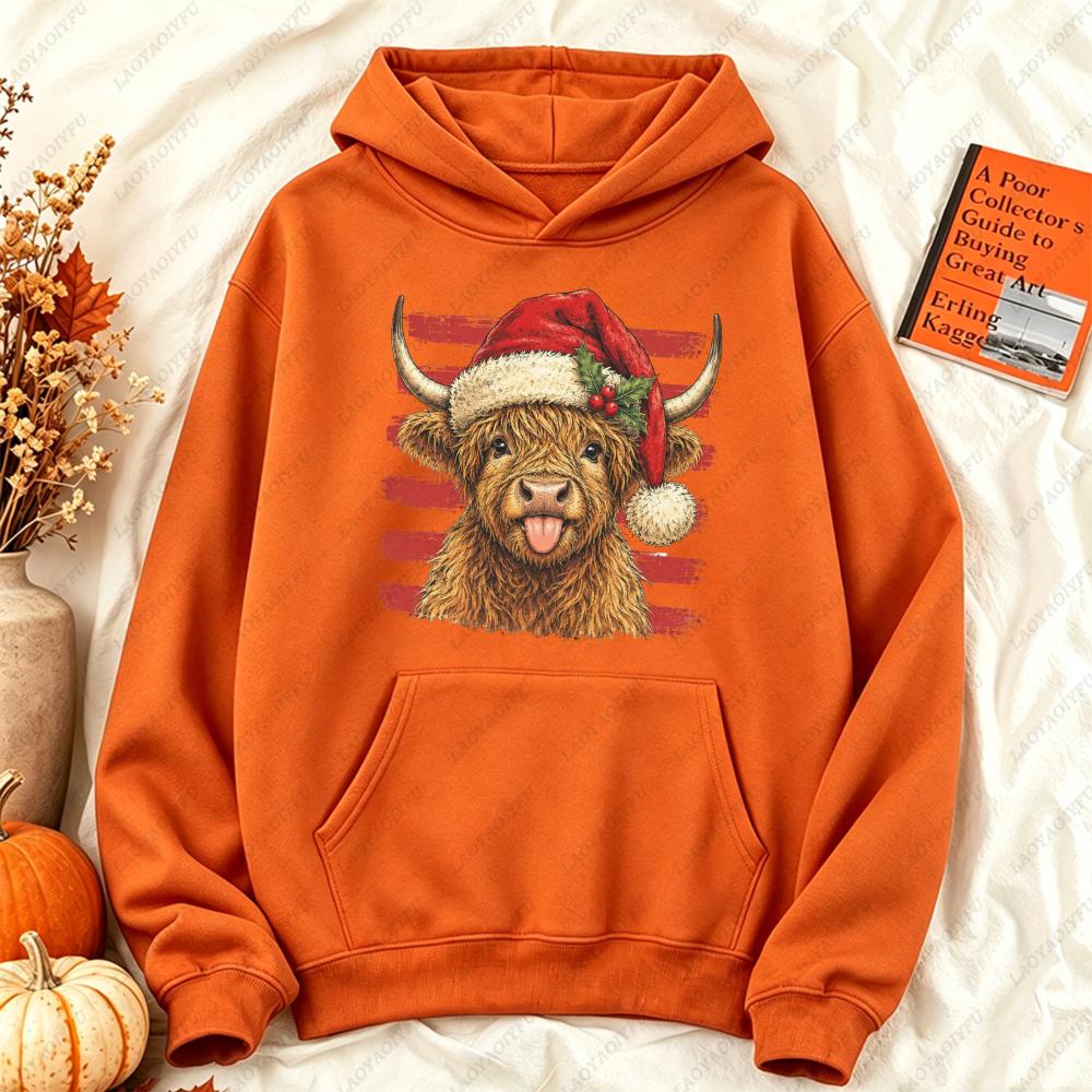 Merry Christmas Highland Cow Graphic Hoodies Women Vintage Winter Warm Sweatshirts Casual Loose Pullover Xmas Clothes