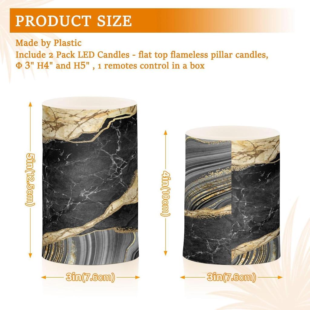 Flameless Candles Battery Operated Black Gold Marble Flickering LED Pillar Candles with Remote Control Colour Changing Warm Light Candles for Wedding