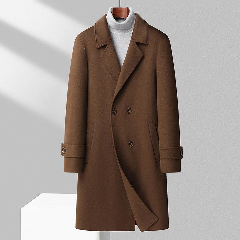 Autumn and Winter Men's Woolen Coat with Cotton Thickened Trench Coat Double-breasted Long Youth Fashion Woolen Coat