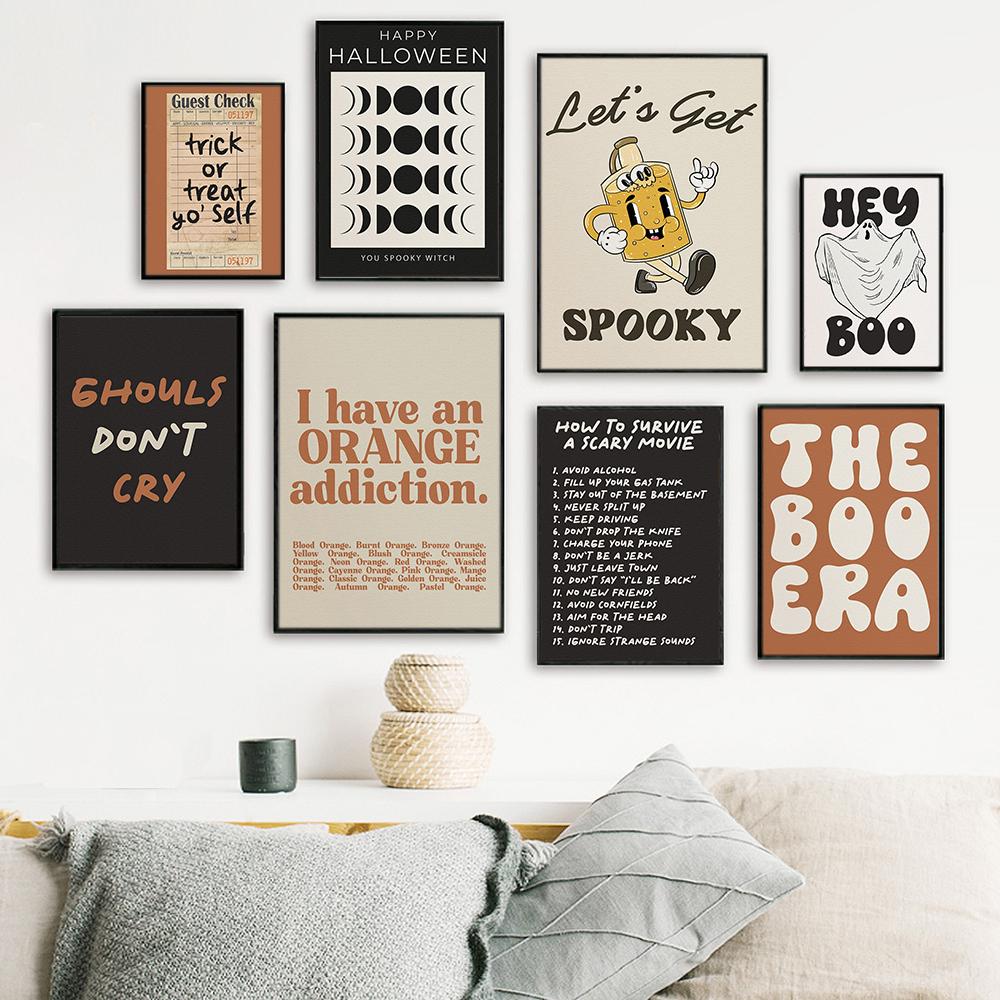 Halloween Spooky Witchy Skeleton Ghost Poster Prints Canvas Painting Cartoon Quote Wall Art Picture for Kids Room Home Decor