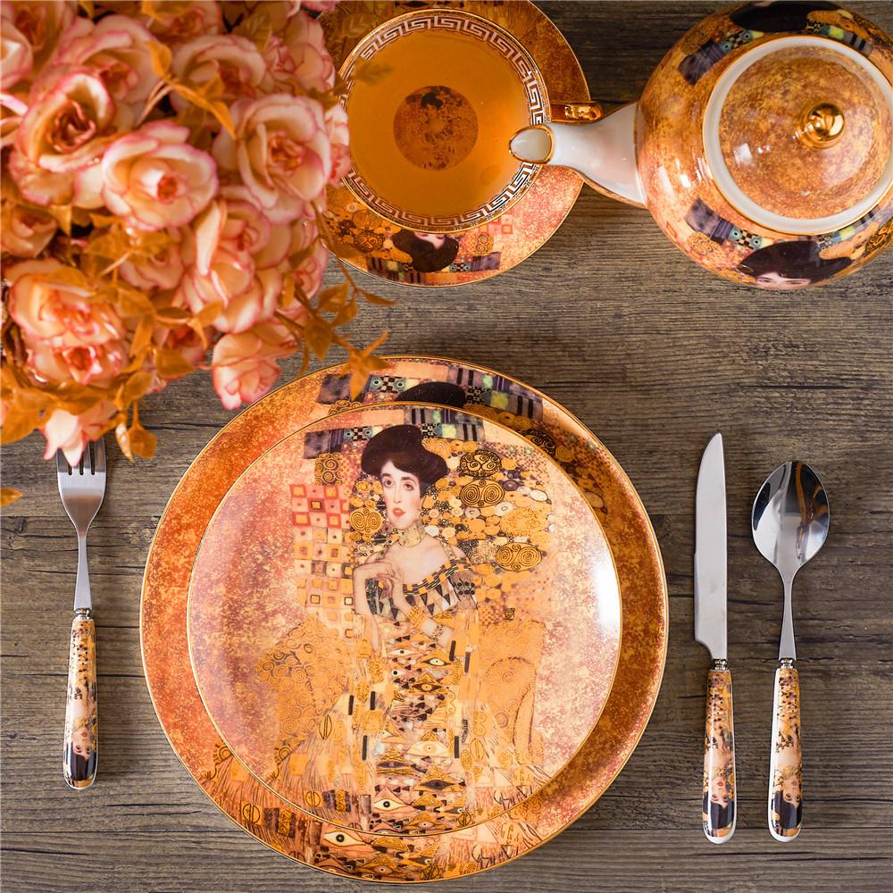 Gustav Klimt Adela Bone China Coffee Servis Роскошный фарфоровый чайный сервиз Чашка с блюдцем Керамический чайник Сливочник Сахарница Молочник Coffeewa
