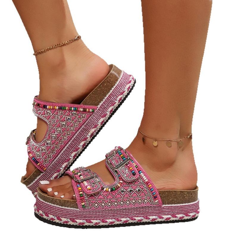 Summer New Thick-soled Hemp Rope Double-buckle Rhinestone Cork Beach Slippers Large Size Colored Women's Shoes