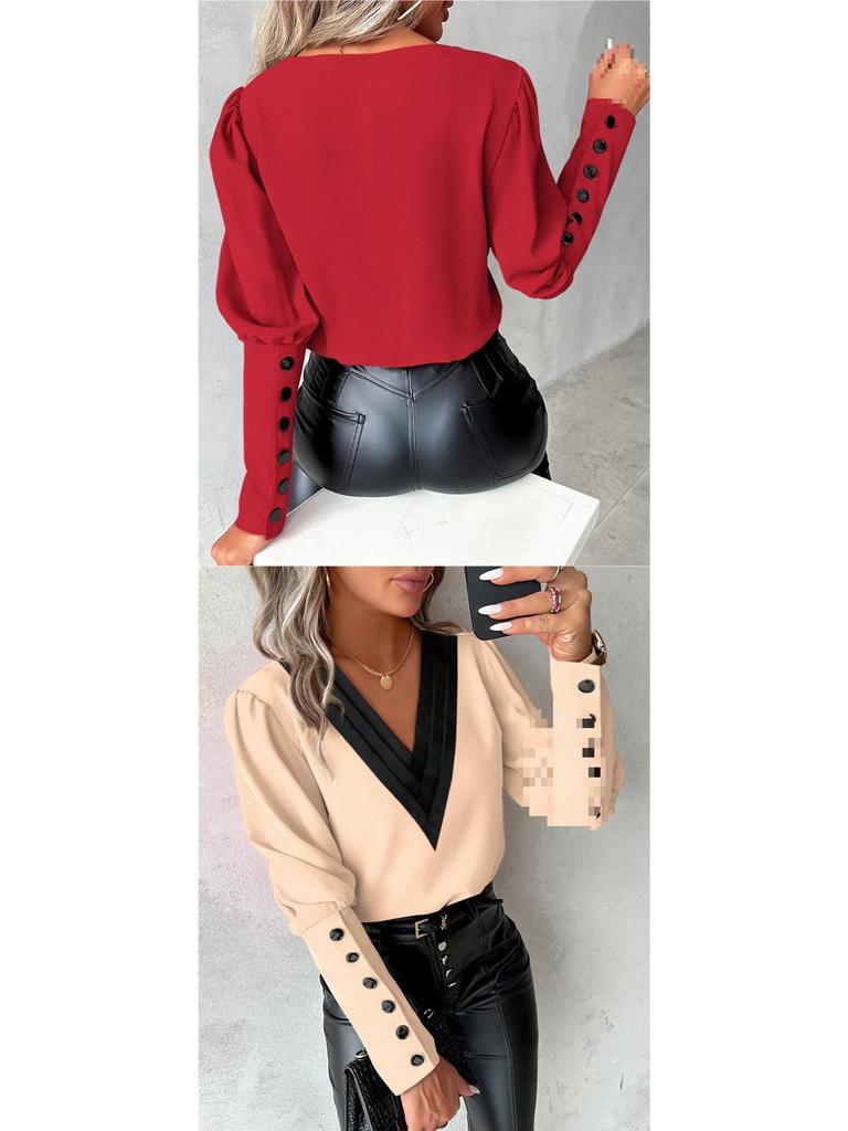 2026 Autumn Fashion V-Neck Solid Color Long Sleeve Button-Up Women's Shirt