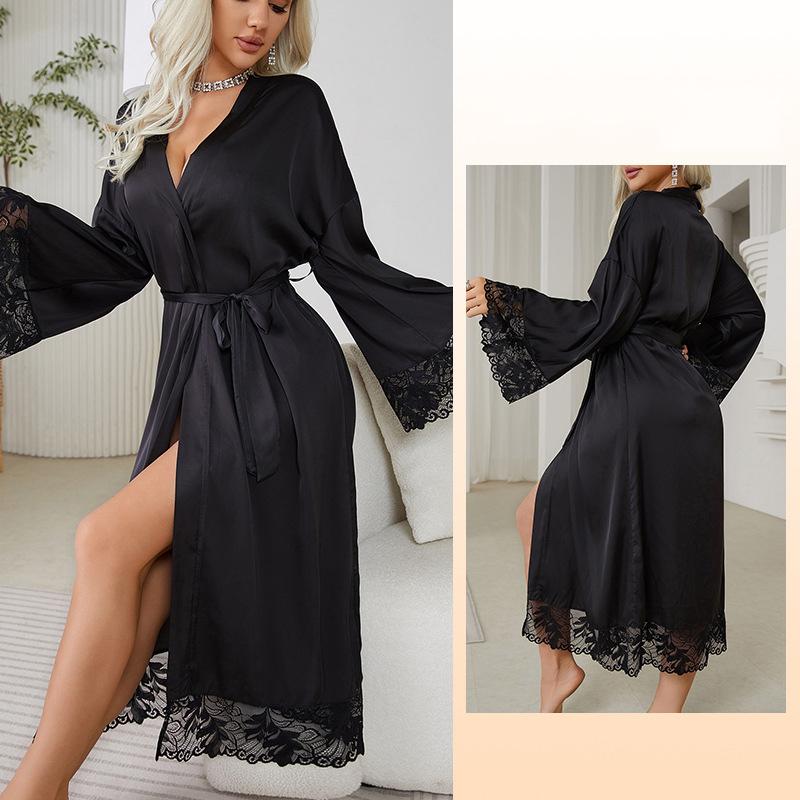 V-Neck Sexy Dressing Gowns Kimono Bathing Home Suit Fashion Like Silk Robes New Women Long Satin Lace Bathrobes