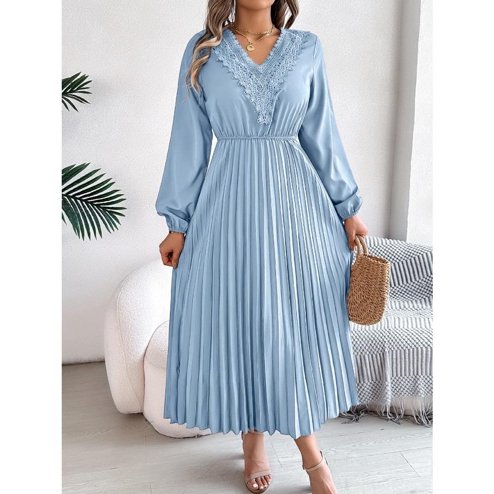Spring and Summer Elegant Temperament V-neck Lace Waisted Pleated Long Women's Dresses Long Skirts