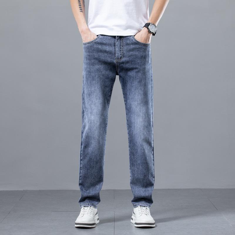 Летние тонкие выстиранные светлые джинсы для мужчин с эластичной талией, облегающие, прямые, повседневные, универсальные, утягивающие и длинные брюки