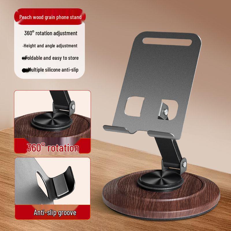 Walnut Wood Rotating Metal Phone Stand – Adjustable Desktop Holder for Streaming and Viewing