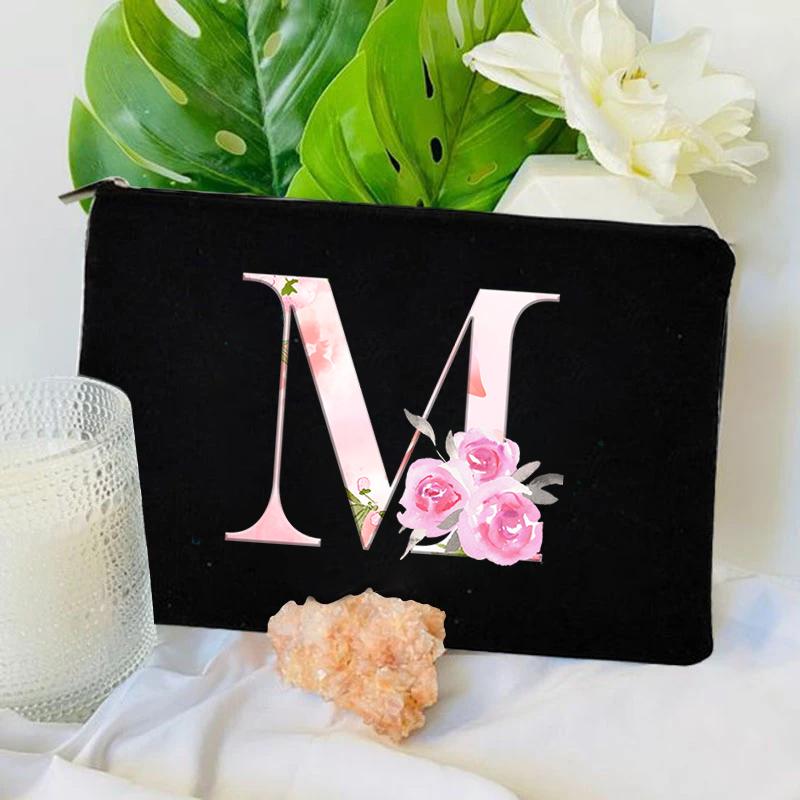 Women Bag Makeup Bag Bridesmaid Makeup Bags Floral Alphabet Print Linen Zipper Pouch Travel Organizer Case Mujer Bolsas Cosmetic