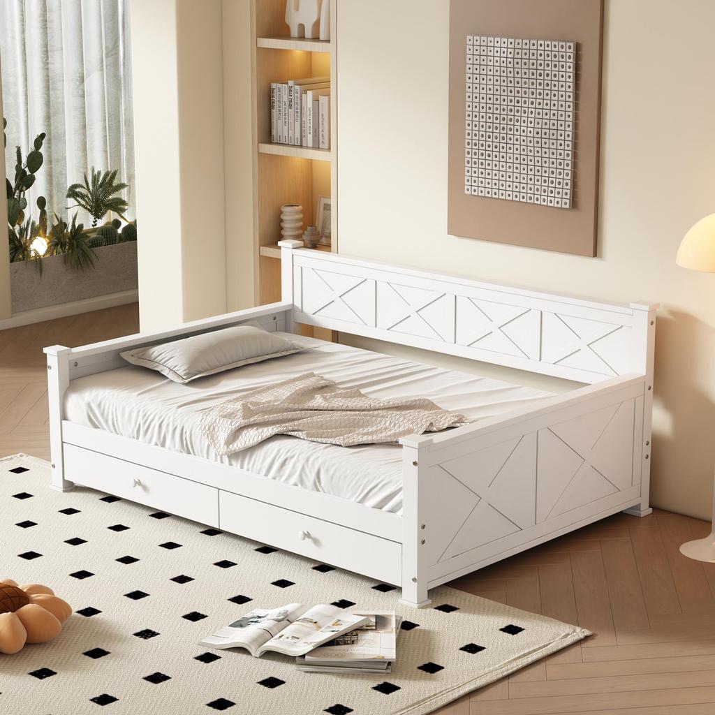 Flieks Sleeper Sofa 90x200 Daybed with Storage, Functional Bed with 2 Drawers, White